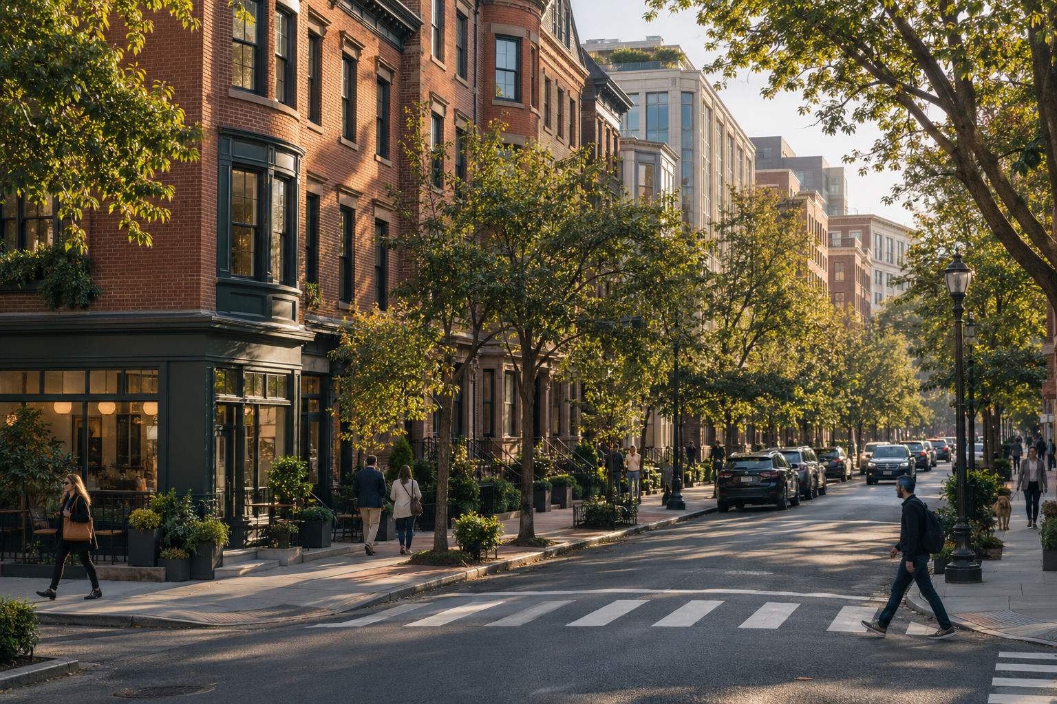 Concept image of an urban neighborhood with brick buildings and tree-lined streets