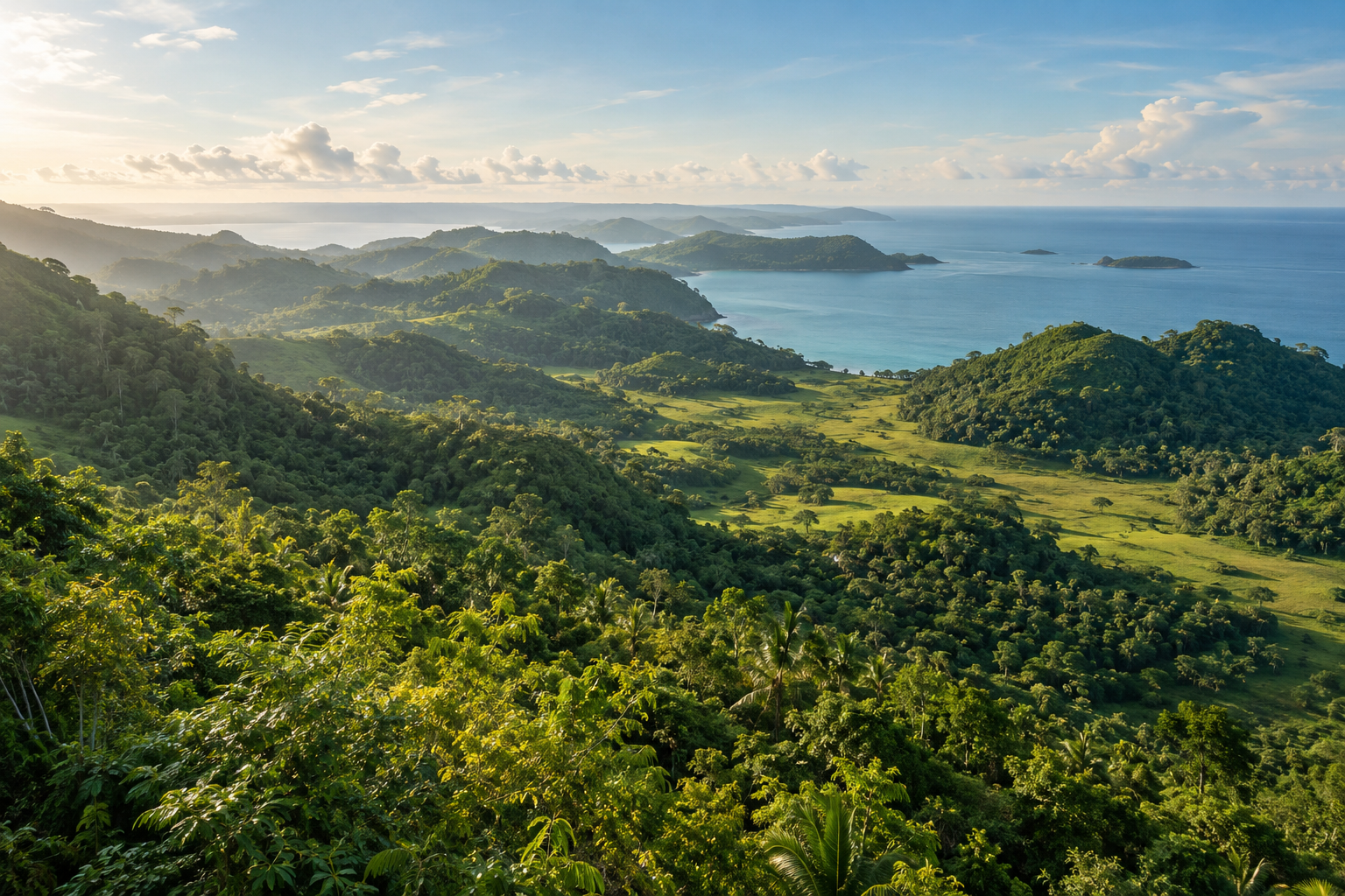 An imagined tropical landscape of lush low hills opening toward the sea